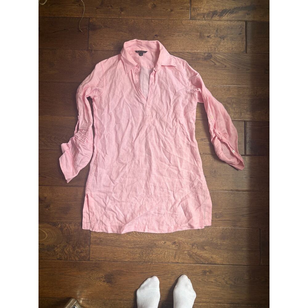 Brooks Brothers Women’s Pink 100% Linen Tunic shirt Dress Collar w slits Small S